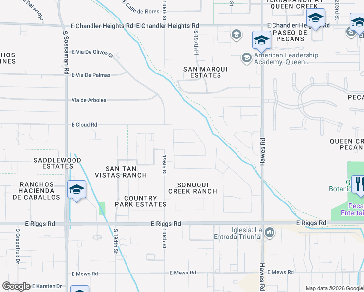 map of restaurants, bars, coffee shops, grocery stores, and more near 19671 East Jeanna Court in Queen Creek