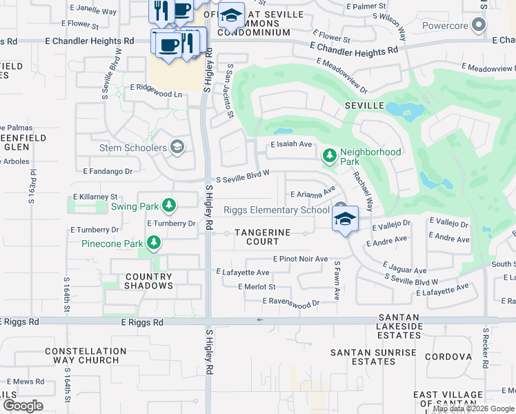 map of restaurants, bars, coffee shops, grocery stores, and more near 3361 East Arianna Court in Gilbert