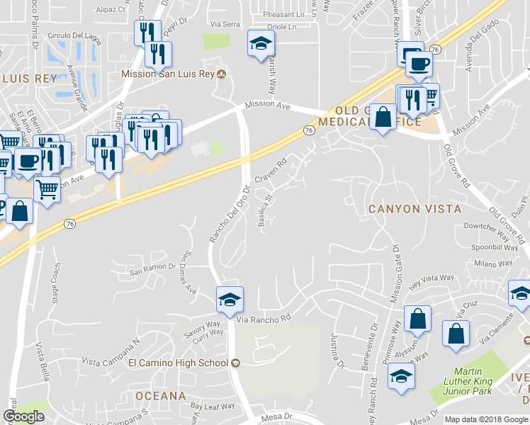 map of restaurants, bars, coffee shops, grocery stores, and more near 236 Victoria Way in Oceanside