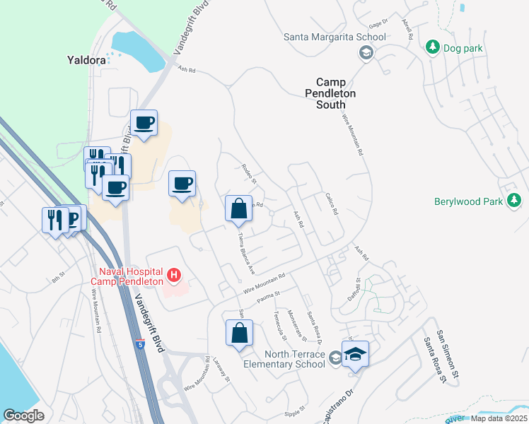 map of restaurants, bars, coffee shops, grocery stores, and more near 223-299 Volcan Road in Oceanside