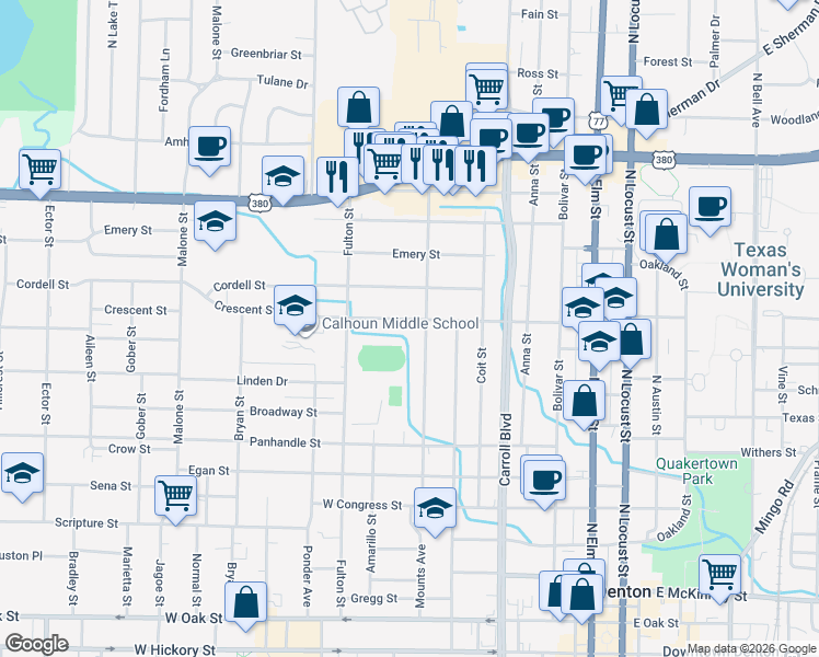 map of restaurants, bars, coffee shops, grocery stores, and more near 905 Crescent Street in Denton