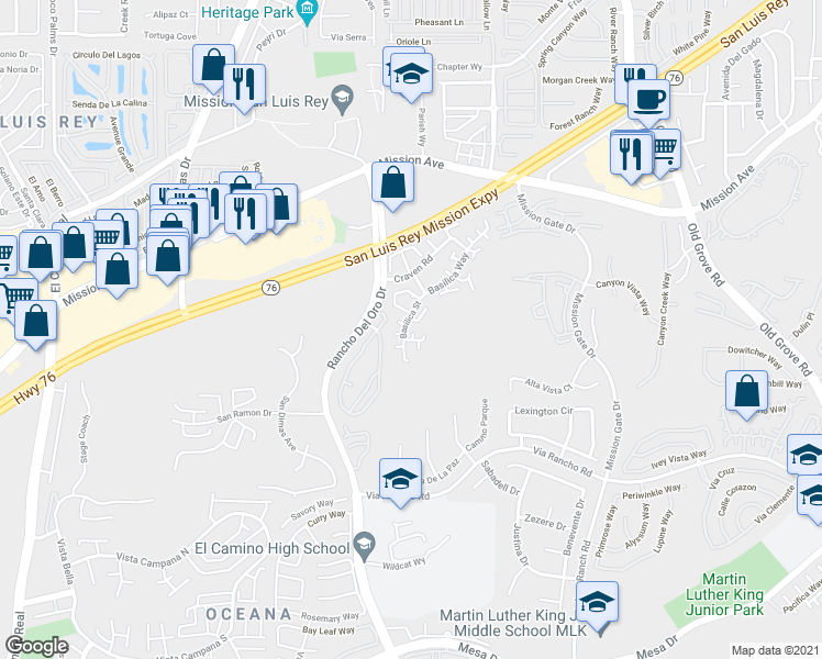 map of restaurants, bars, coffee shops, grocery stores, and more near 224 Arabella Way in Oceanside