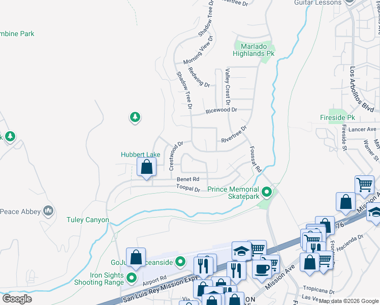 map of restaurants, bars, coffee shops, grocery stores, and more near 592 Big Sky Drive in Oceanside