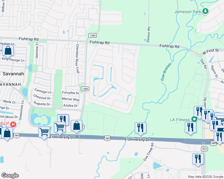 map of restaurants, bars, coffee shops, grocery stores, and more near 5641 Lincolnwood Drive in Prosper