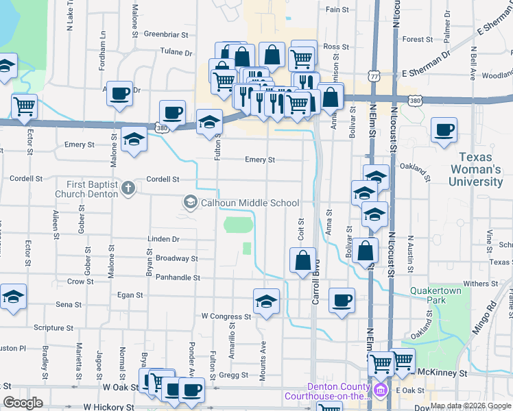 map of restaurants, bars, coffee shops, grocery stores, and more near 905 Crescent Street in Denton