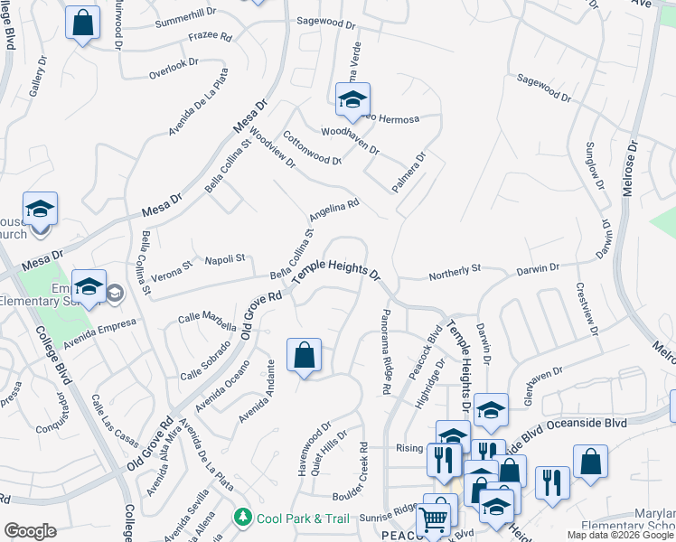 map of restaurants, bars, coffee shops, grocery stores, and more near 1279 Temple Heights Drive in Oceanside