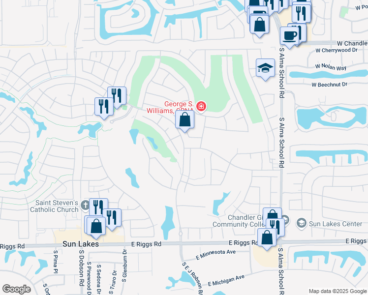 map of restaurants, bars, coffee shops, grocery stores, and more near 25049 S E J Robson Blvd in Sun Lakes