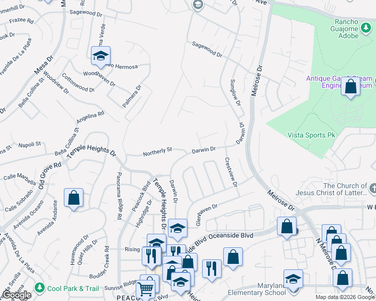 map of restaurants, bars, coffee shops, grocery stores, and more near 4888 Northerly Street in Oceanside