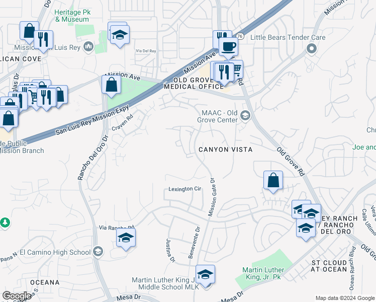 map of restaurants, bars, coffee shops, grocery stores, and more near 735 Buena Tierra Way in Oceanside