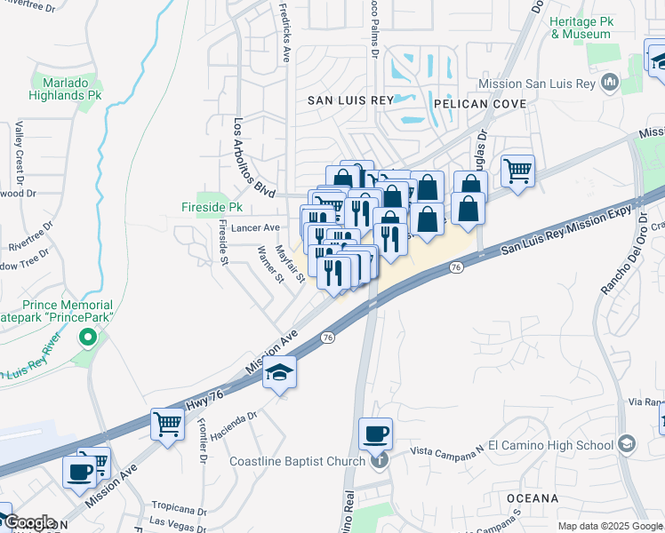 map of restaurants, bars, coffee shops, grocery stores, and more near 3742 Mission Avenue in Oceanside