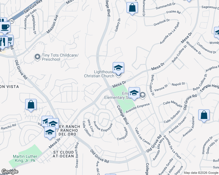 map of restaurants, bars, coffee shops, grocery stores, and more near College Boulevard & Mesa Drive in Oceanside