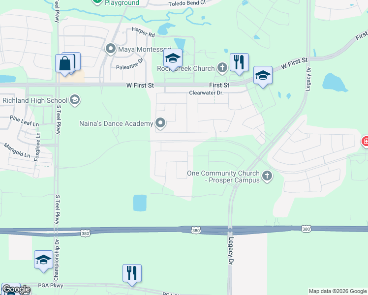 map of restaurants, bars, coffee shops, grocery stores, and more near 3020 Barefoot Lane in Prosper