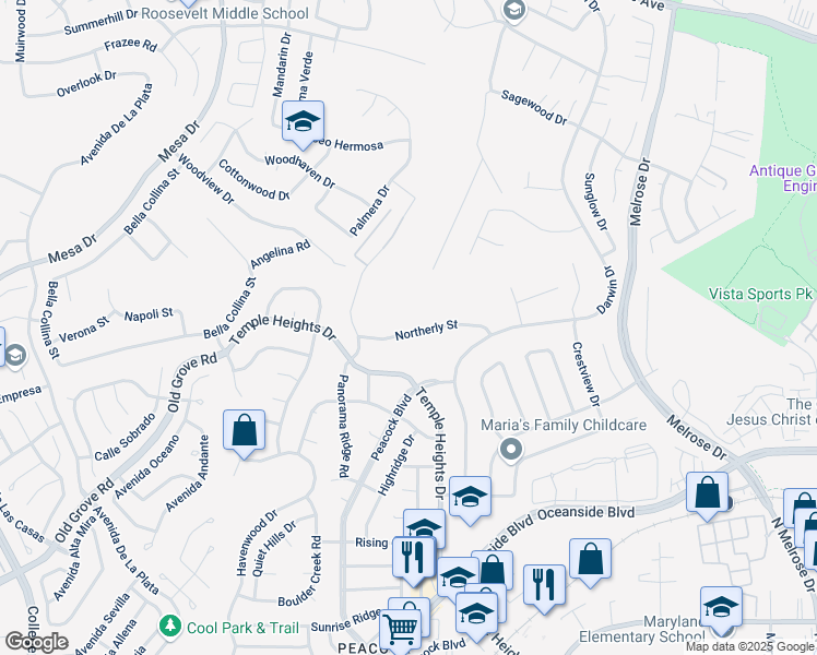 map of restaurants, bars, coffee shops, grocery stores, and more near 4828 Northerly Street in Oceanside