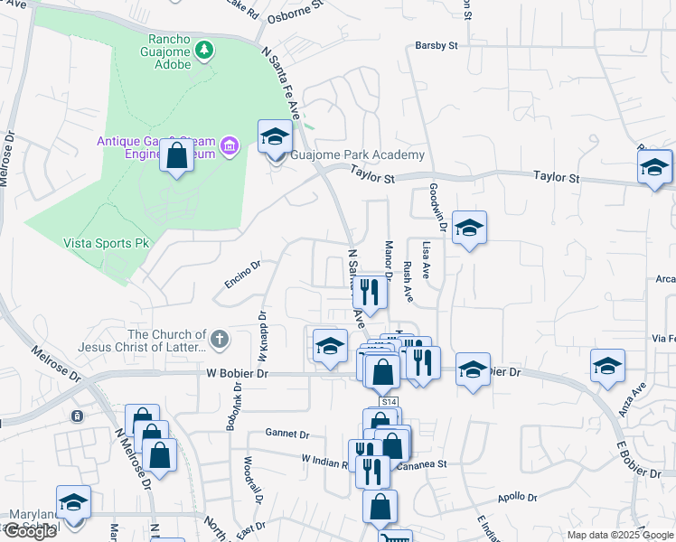 map of restaurants, bars, coffee shops, grocery stores, and more near 228 Candice Place in Vista