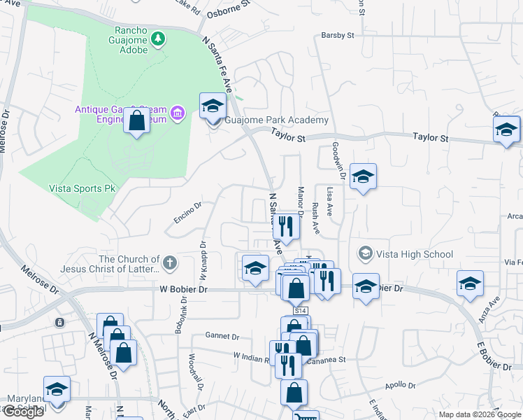 map of restaurants, bars, coffee shops, grocery stores, and more near 205 Candice Place in Vista