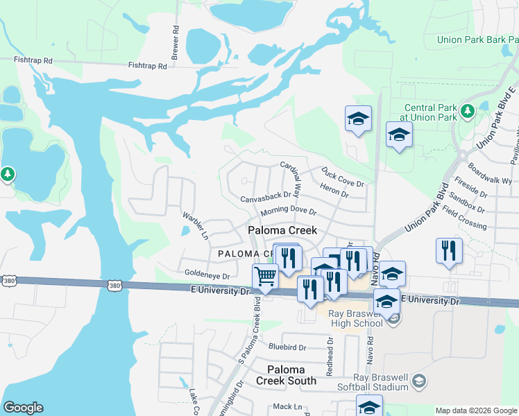map of restaurants, bars, coffee shops, grocery stores, and more near 1001 Partridge in Aubrey
