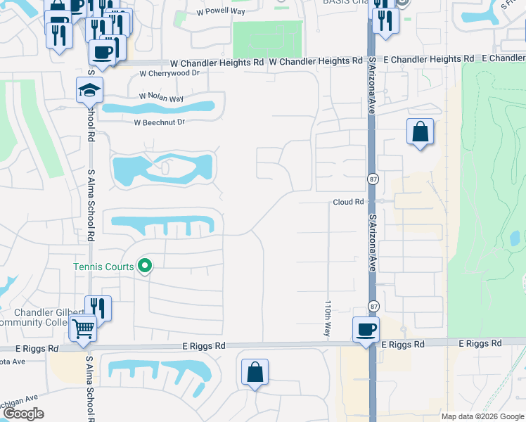 map of restaurants, bars, coffee shops, grocery stores, and more near 483 West Champagne Drive in Chandler