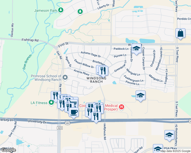 map of restaurants, bars, coffee shops, grocery stores, and more near in Denton County