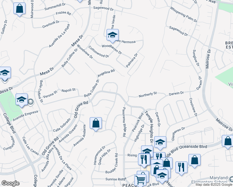 map of restaurants, bars, coffee shops, grocery stores, and more near Temple Heights Drive & Broken Hitch Road in Oceanside