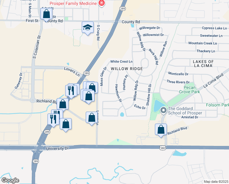 map of restaurants, bars, coffee shops, grocery stores, and more near 910 Hawthorn Drive in Prosper
