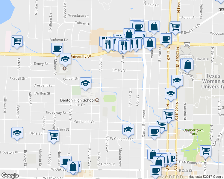 map of restaurants, bars, coffee shops, grocery stores, and more near 905 Crescent Street in Denton