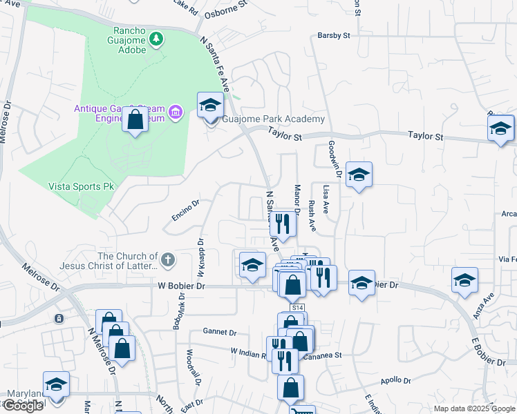 map of restaurants, bars, coffee shops, grocery stores, and more near 254 Candice Place in Vista