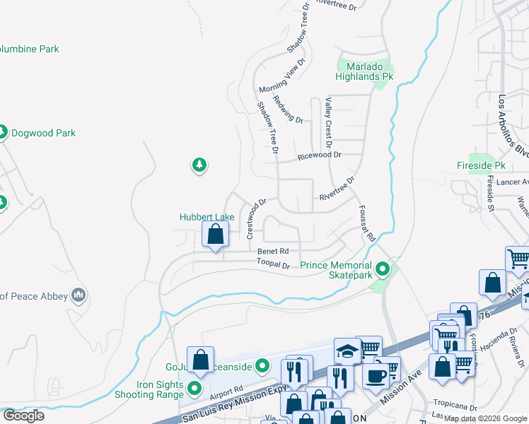 map of restaurants, bars, coffee shops, grocery stores, and more near 3216 Big Sky Drive in Oceanside