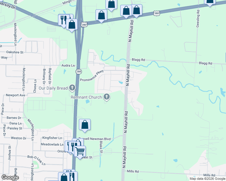 map of restaurants, bars, coffee shops, grocery stores, and more near 3901 Springfield Street in Denton
