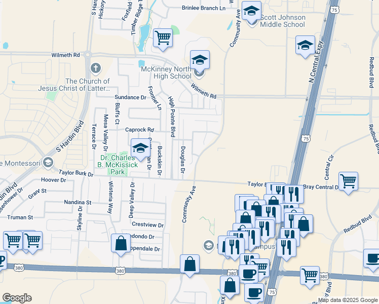 map of restaurants, bars, coffee shops, grocery stores, and more near 2701 Prescotte Pointe in McKinney