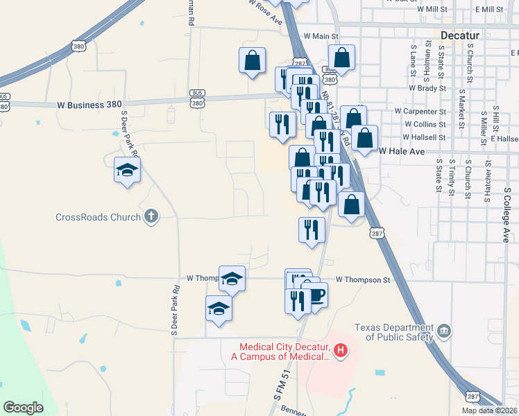 map of restaurants, bars, coffee shops, grocery stores, and more near 950 West Thompson Street in Decatur