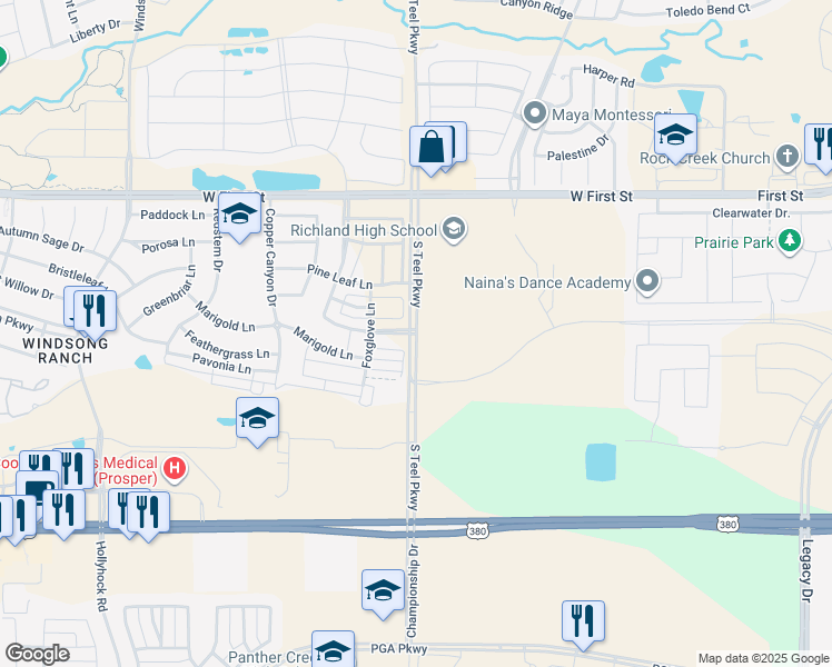 map of restaurants, bars, coffee shops, grocery stores, and more near South Teel Parkway in Prosper