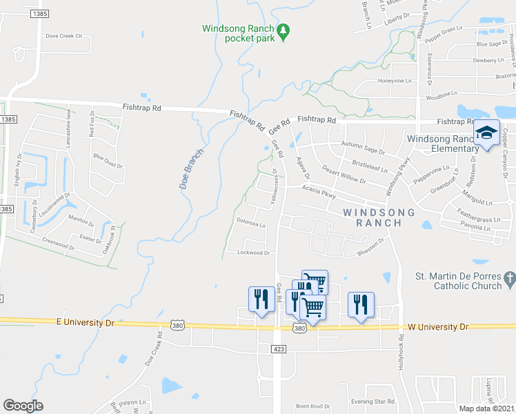 map of restaurants, bars, coffee shops, grocery stores, and more near Rockcress Court in Prosper