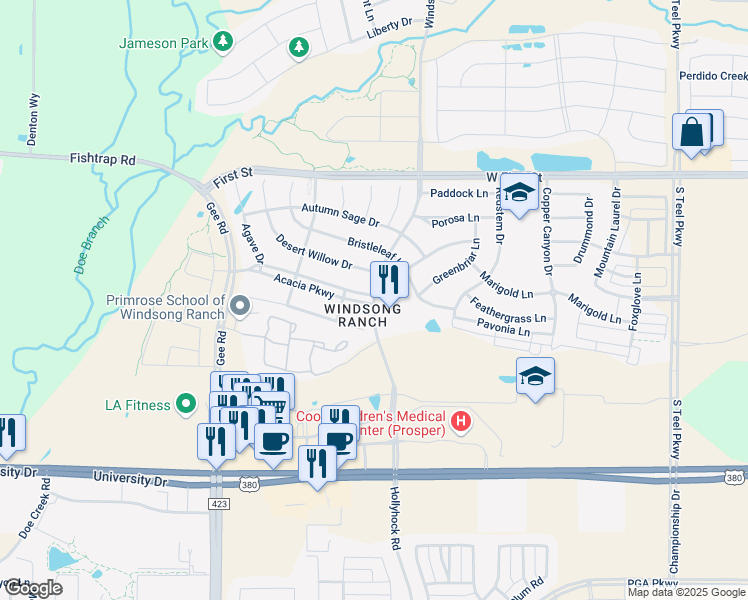 map of restaurants, bars, coffee shops, grocery stores, and more near Windsong Parkway South in Prosper
