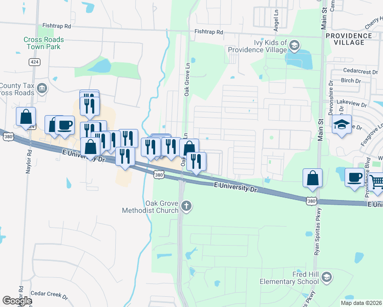 map of restaurants, bars, coffee shops, grocery stores, and more near 26493 East University Drive in Aubrey