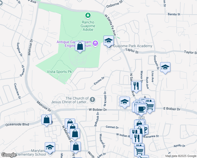 map of restaurants, bars, coffee shops, grocery stores, and more near 345 Encino Drive in Vista