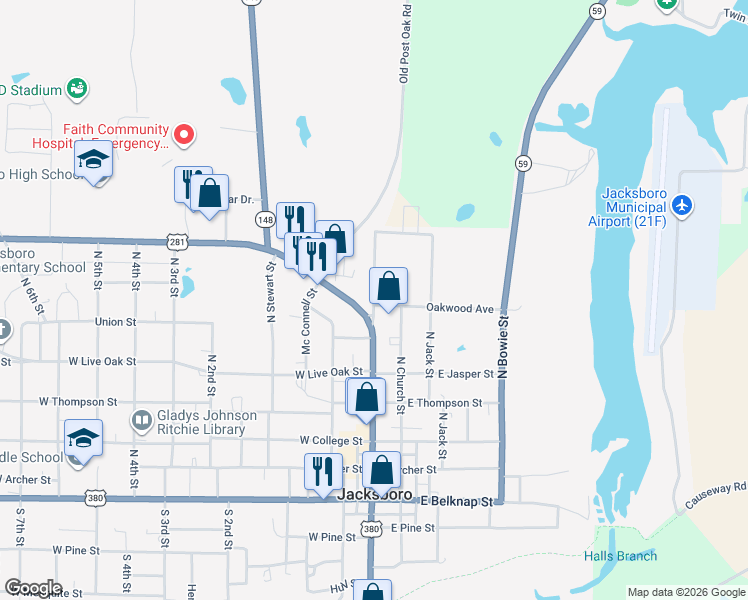 map of restaurants, bars, coffee shops, grocery stores, and more near Old Post Oak Road in Jacksboro