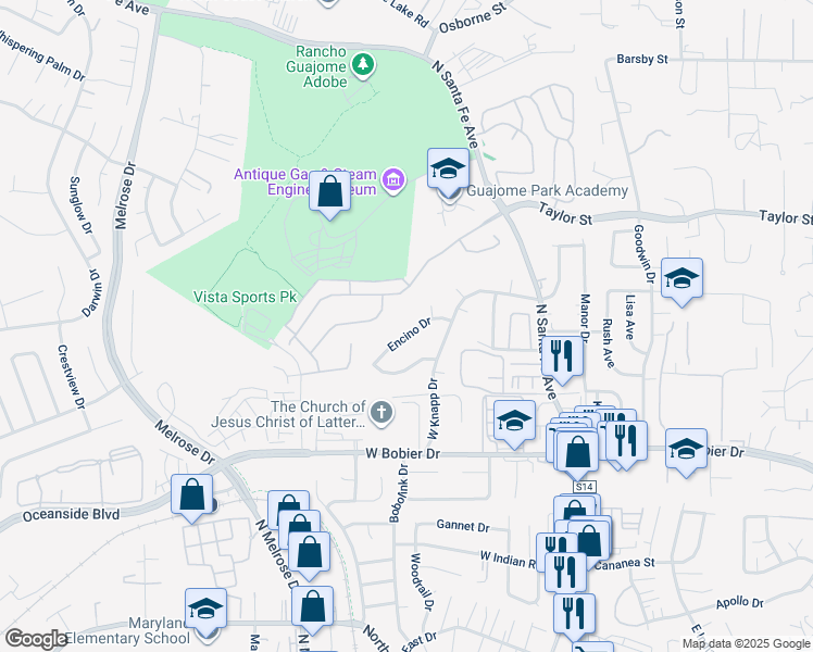 map of restaurants, bars, coffee shops, grocery stores, and more near 345 Encino Drive in Vista