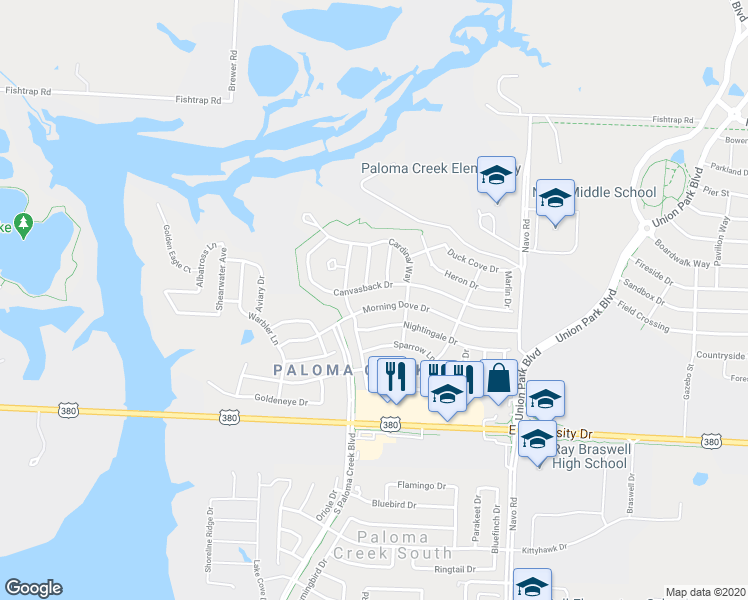 map of restaurants, bars, coffee shops, grocery stores, and more near 1417 Morning Dove Drive in Aubrey