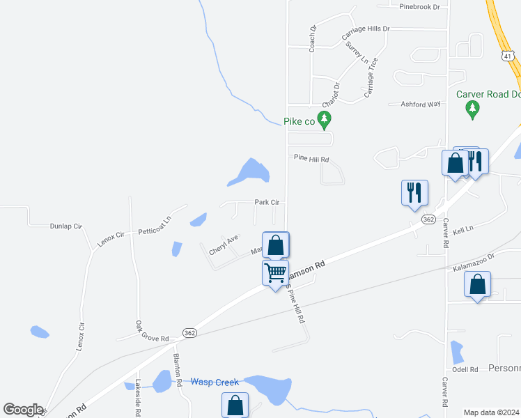 map of restaurants, bars, coffee shops, grocery stores, and more near 1752 Park Place in Griffin