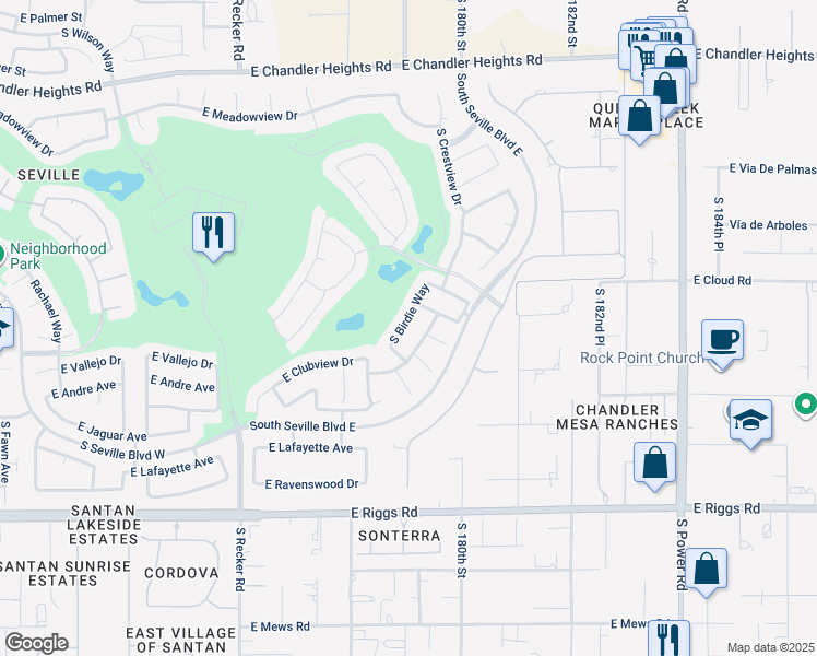 map of restaurants, bars, coffee shops, grocery stores, and more near 6851 South Birdie Way in Gilbert