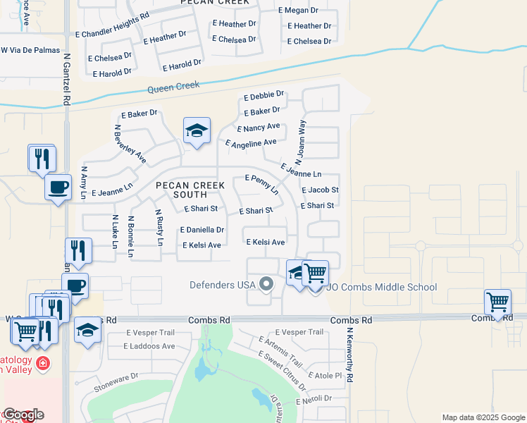 map of restaurants, bars, coffee shops, grocery stores, and more near 1368 East Shari Street in San Tan Valley