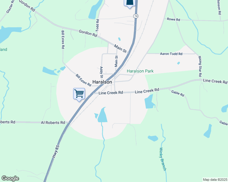 map of restaurants, bars, coffee shops, grocery stores, and more near 32 Main Street in Senoia