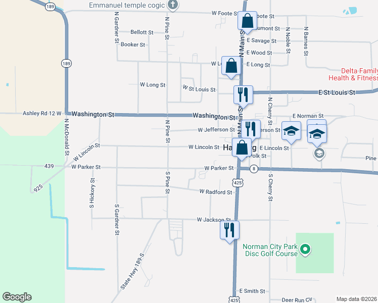 map of restaurants, bars, coffee shops, grocery stores, and more near 411 West Lincoln Street in Hamburg