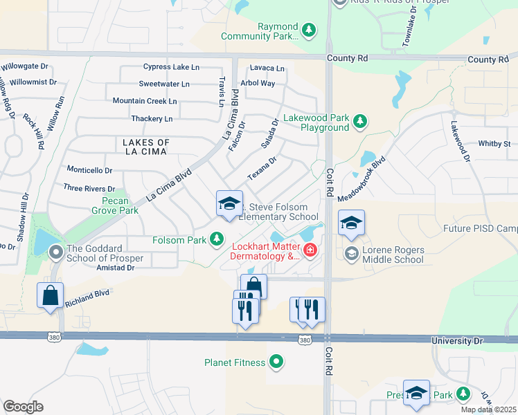 map of restaurants, bars, coffee shops, grocery stores, and more near 2130 Pueblo Viejo Drive in Prosper