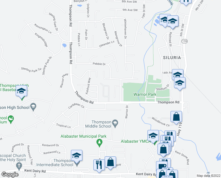 map of restaurants, bars, coffee shops, grocery stores, and more near 1408 Applegate Drive in Alabaster