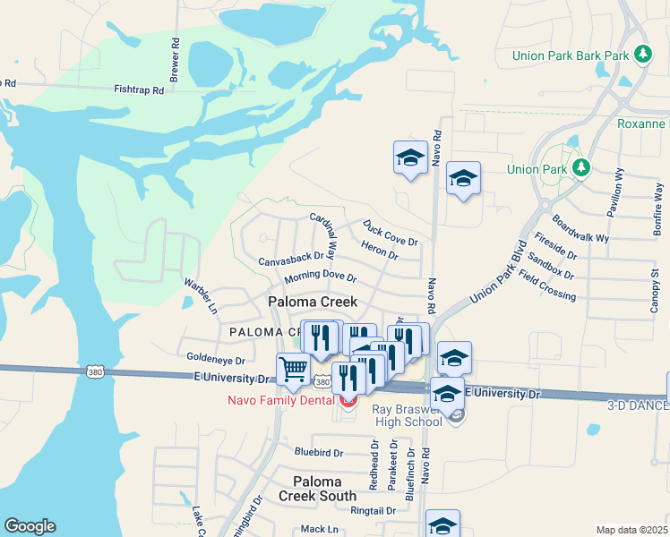 map of restaurants, bars, coffee shops, grocery stores, and more near 1601 Morning Dove Drive in Aubrey
