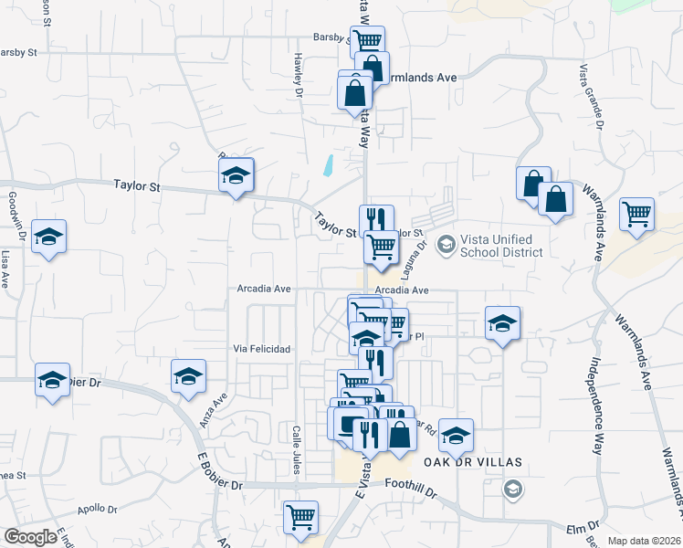 map of restaurants, bars, coffee shops, grocery stores, and more near 1080 Arcadia Avenue in Vista