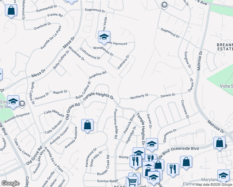map of restaurants, bars, coffee shops, grocery stores, and more near 1363 Panorama Ridge Road in Oceanside