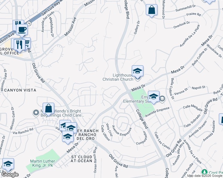map of restaurants, bars, coffee shops, grocery stores, and more near 4620 Los Alamos Way in Oceanside