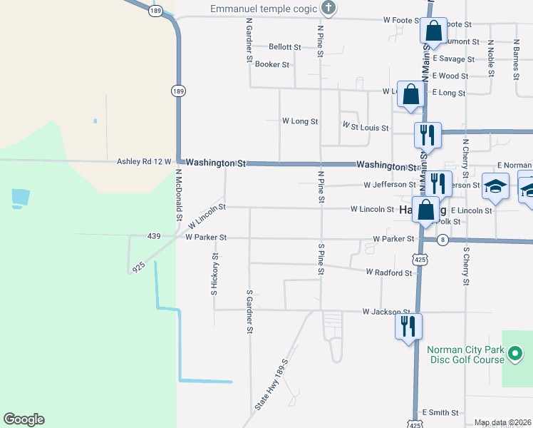 map of restaurants, bars, coffee shops, grocery stores, and more near 207 South Gardner Street in Hamburg